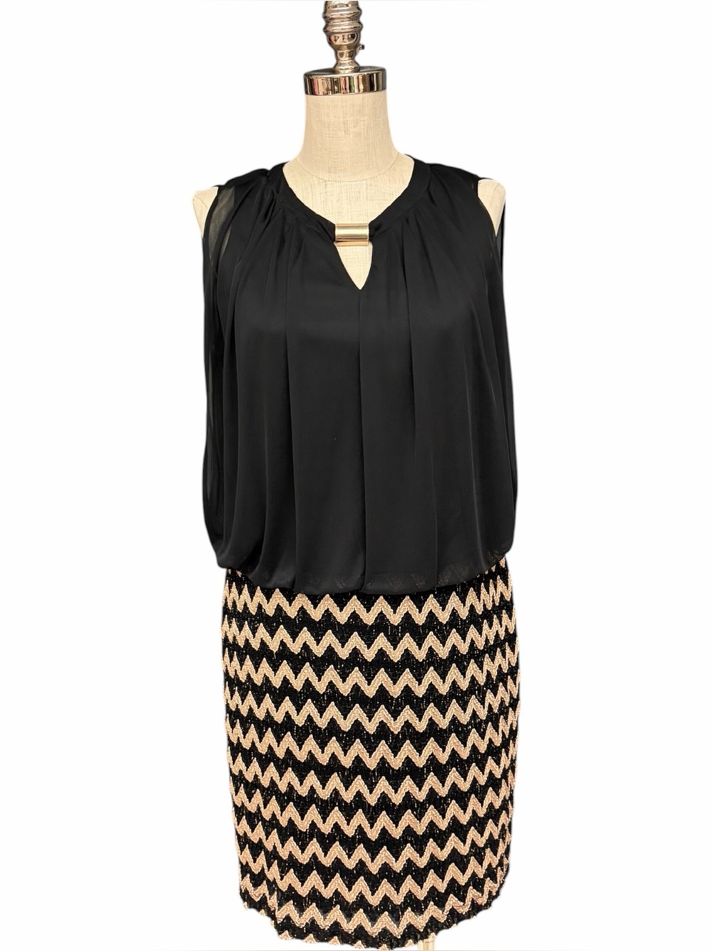 Perceptions Petite Black Rose Gold Chevron Lace Blouson Dress 12P